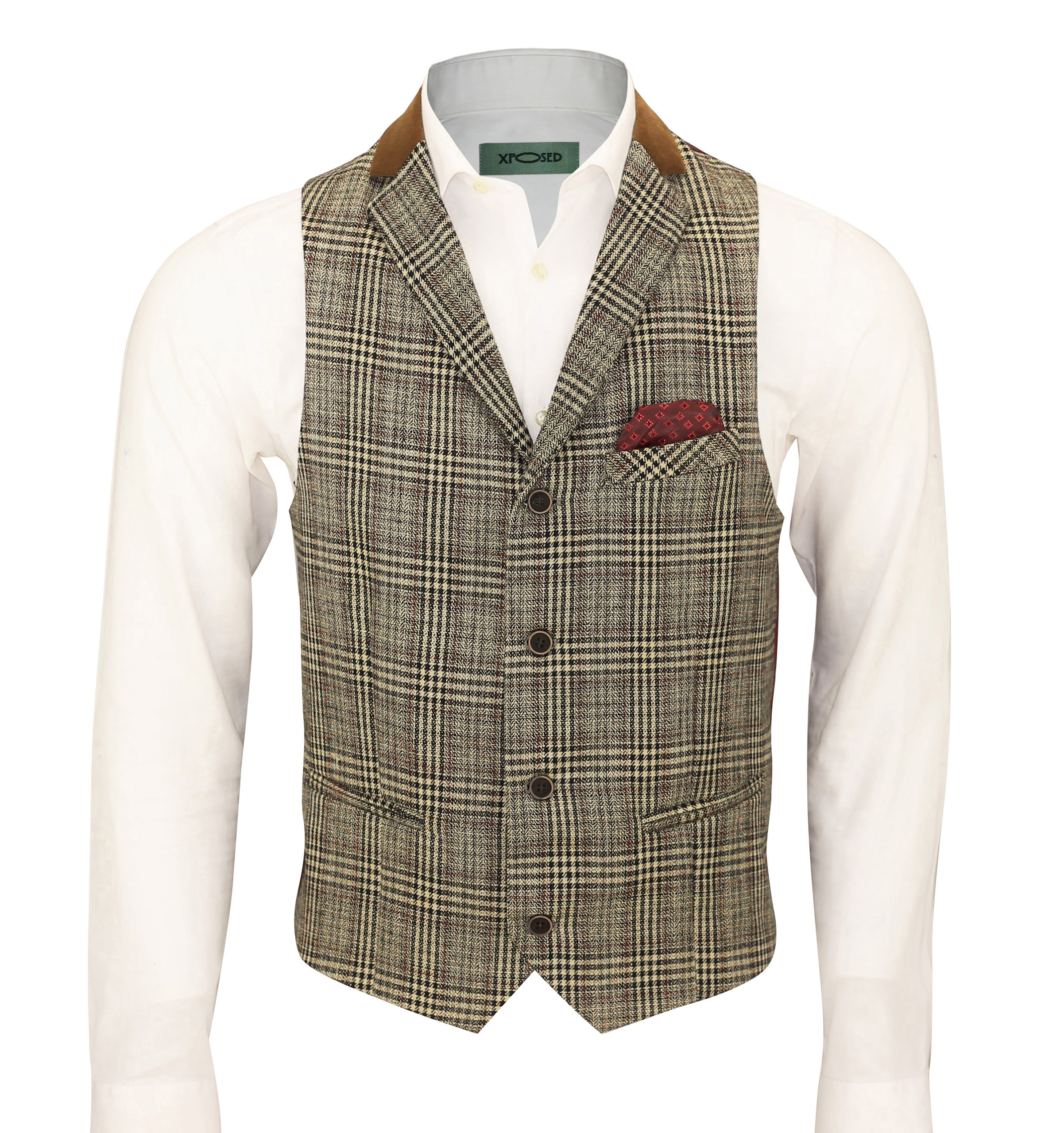 Mens Vintage Waistcoat Herringbone Tweed Check Velvet Collar Retro Formal  Vest